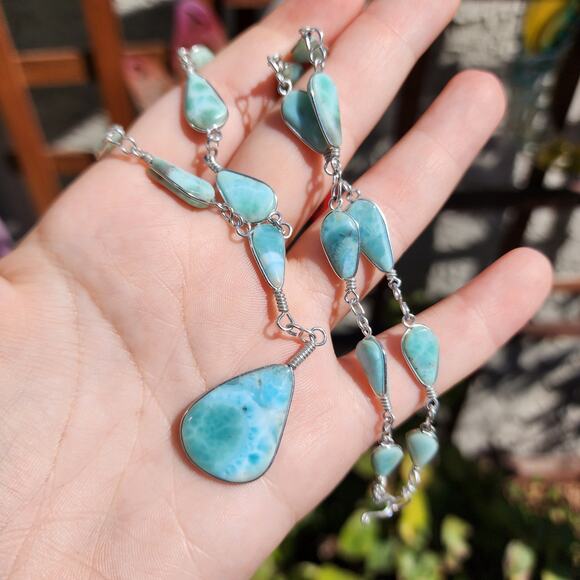 Vtg Larimar Lariat Necklace Aluminum Silver Wire Wrapped Teardrop Pear Gemstone - Picture 8 of 15